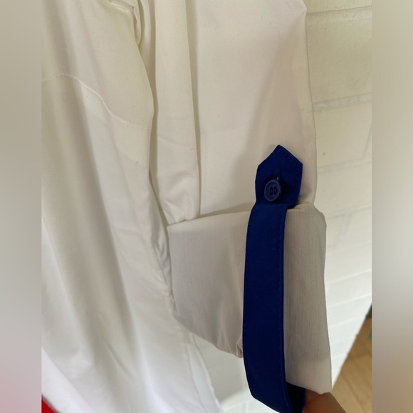 NWT NEW YORK & Co. White button down Tunic Shirt Red Yellow & Blue Cuffs Sz M - Picture 4 of 16